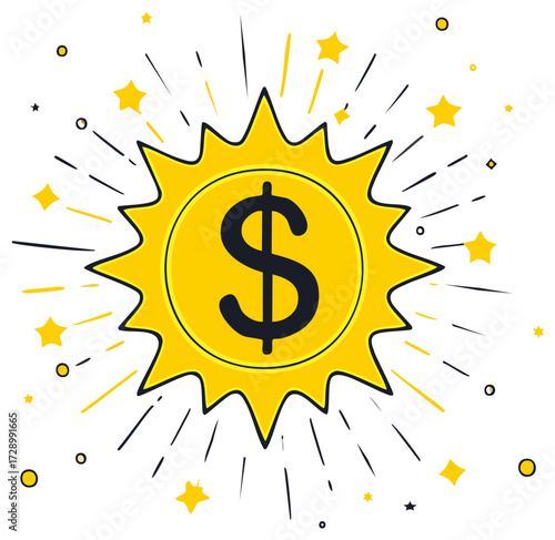 Vibrant dollar sign burst with stars radiating financial success prosperity and winning reward