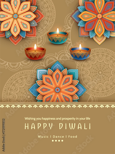 Diwali Poster Template with Diya lamps and rangoli pattern. Paper colorful graphic of Indian holiday design. The Festival of Lights