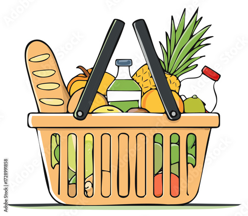 Colorful cartoon shopping basket overflowing with fresh groceries fruit and produce