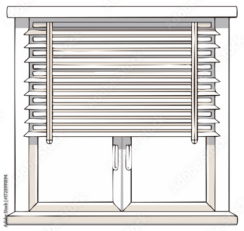 Horizontal slat window blinds partially open showing cord mechanisms and window frame