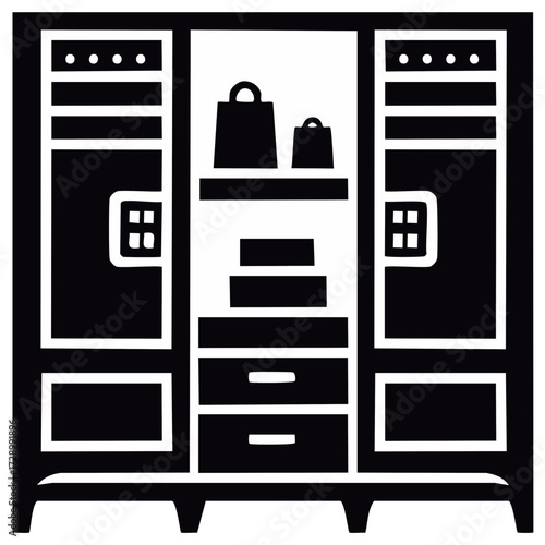 Wardrobe Closet Filled with Boxes and Shopping Bags Simple Black and White Icon