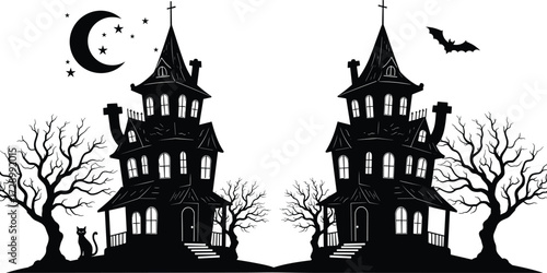Symmetrical haunted house silhouettes with spooky trees, bats, crescent moon, stars, cat, Halloween night scene, black vector eerie design