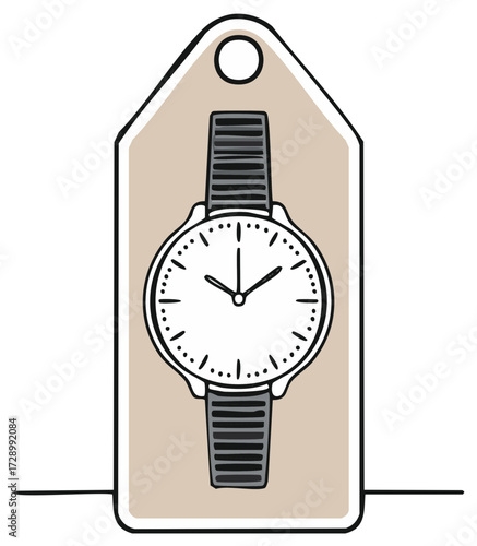 Illustration of a wristwatch on a sale tag with black outline design