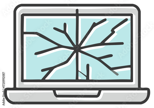 Cracked laptop screen illustration, broken notebook display, technology failure icon