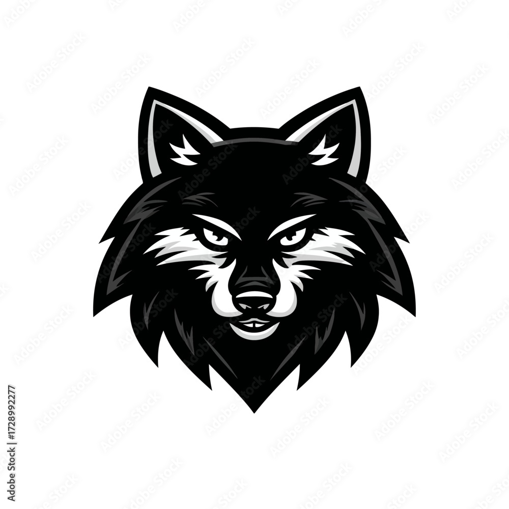Obraz premium Wolf face, black fur, white face details, focused gaze, sharp features