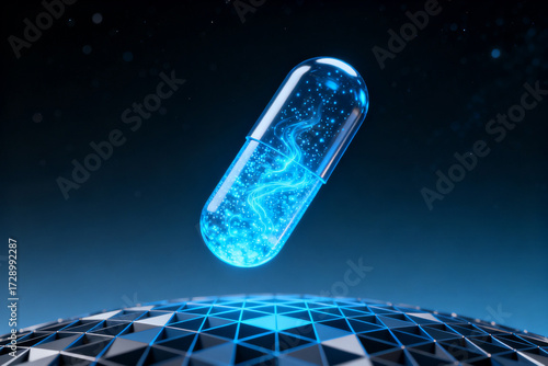 A glowing blue capsule with internal energy patterns hovers above a geometric sphere against a dark background.
