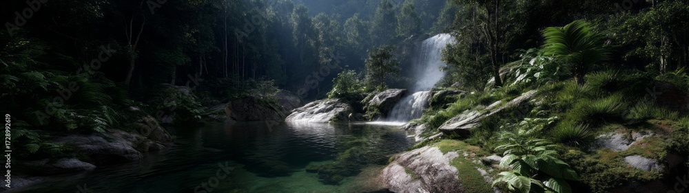 Obraz premium Serene waterfall in lush rainforest hdri panoramic environment map 360-degree viewpoint