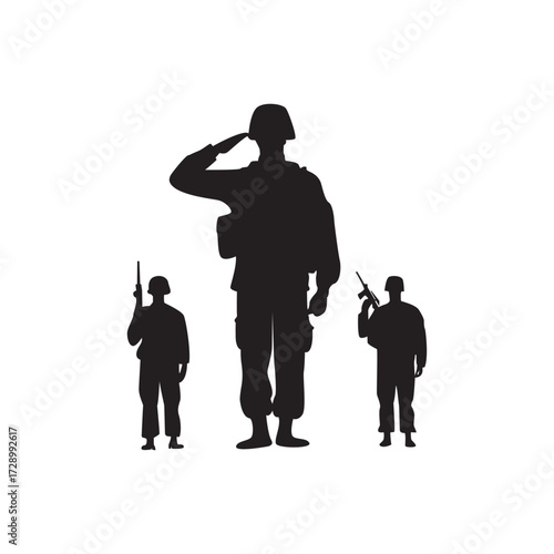 Troops salute ensemble. Group of soldiers saluting, veterans, unity, military honor.