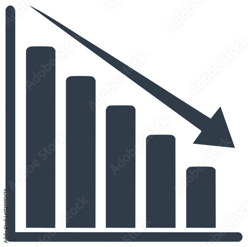 Decreasing bar graph with downward arrow icon representing financial loss, recession, and business failure.
