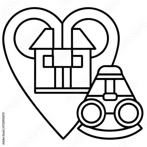 Vector illustration depicts house with heart shape and binoculars symbolizing travel destinations and romantic getaways