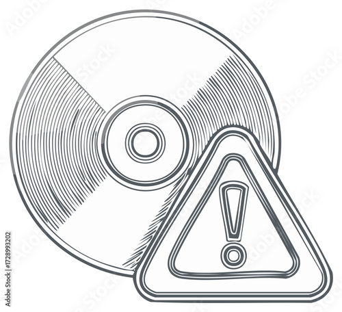 CD disc and warning sign sketch, data and information risk concept