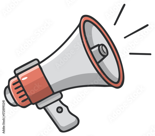 Cartoon megaphone illustration with red and gray accents and sound wave lines showing announcing.