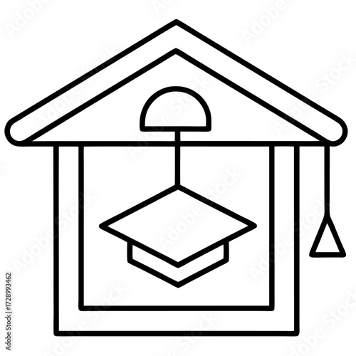 Minimalist schoolhouse outline representing education and academic achievement with graduation cap and string