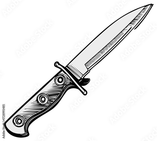 Vintage Hunting Combat Knife Illustration Black and White Woodcut Style Design