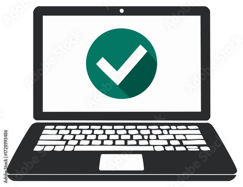 Laptop Displaying Verification Mark, Symbolizing Approval, Confirmation, Completion and Task Success