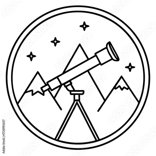 Telescope and Mountain Range Line Art Logo for Astronomy and Outdoor Exploration Enthousiasts