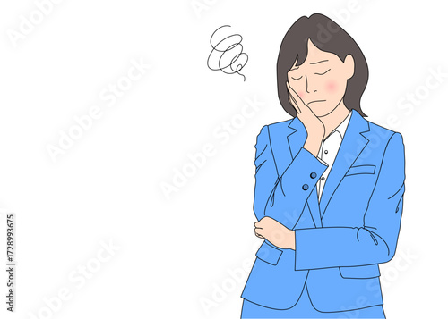 頬に手を当てて悩む 考え込むスーツ姿の女性OLのイラスト 上半身正面 青 カラー	
