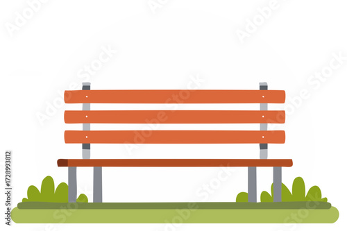 Charming flat design park bench illustration featuring orange wooden slats on green grass with simple bushes