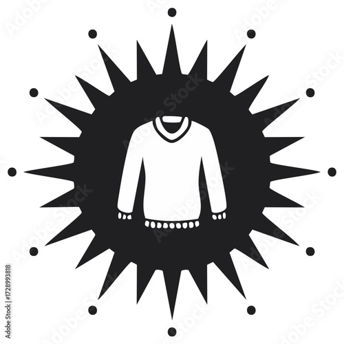 Graphic Illustration of Pullover Sweater with Spiked Burst in Black and White Monochrome