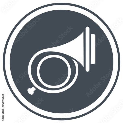 Minimalist graphic icon of a French horn within a dark circular frame symbolizing music and sound.