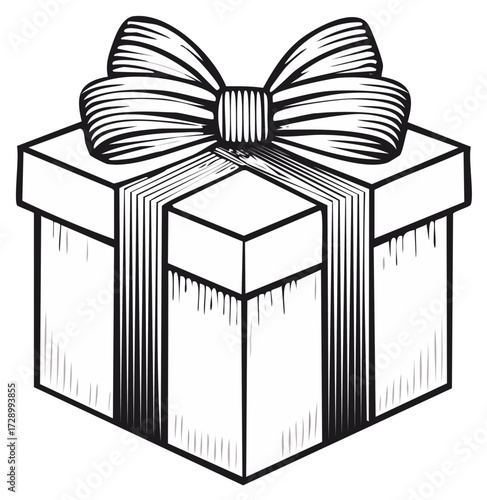 Monochrome gift box illustration with ribbon and bow perfect for celebrations and holidays
