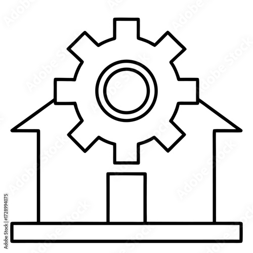Smart home automation outline icon with gear representing settings and customization for residential technology integration and controls