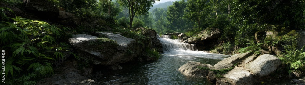 Obraz premium Lush rainforest waterfall hdr panorama in tranquil nature 360-degree scenic view