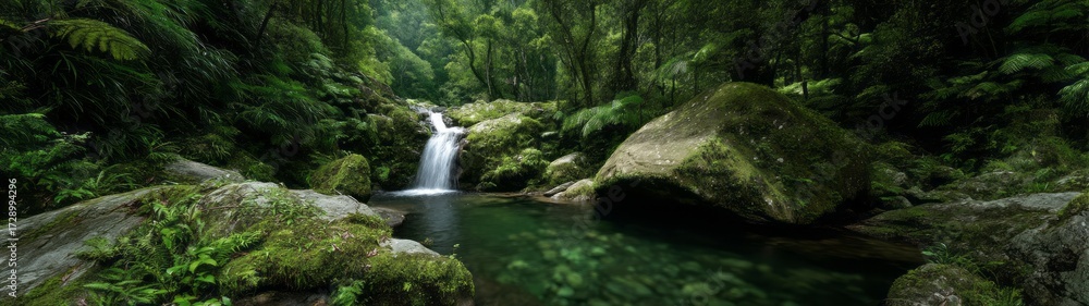 Obraz premium Lush rainforest waterfall nature hdri panoramic view tropical environment