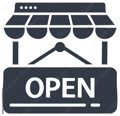 Open shop sign hanging from a market stall awning indicating business is open for customers