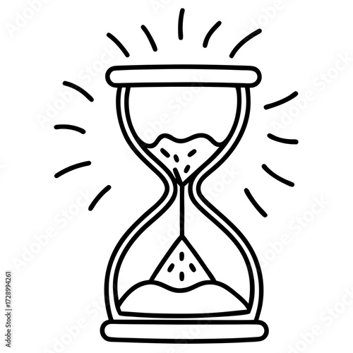 Simple Line Art Hourglass Symbolizing Time Passing and Urgency with Abstract Rays Emanating Outward