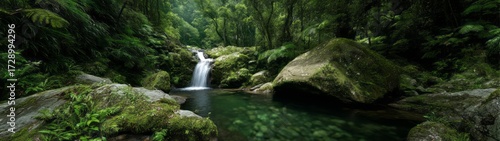 Lush rainforest waterfall nature hdri panoramic view tropical environment