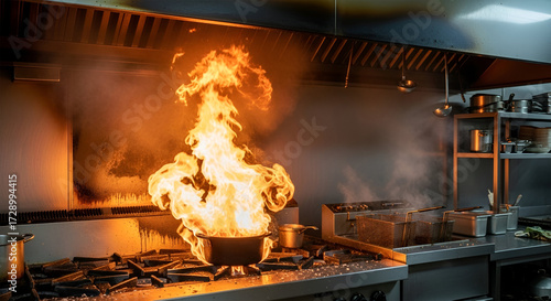 A large, intense flame erupts from a pot on a commercial kitchen stove, creating a dangerous situation.