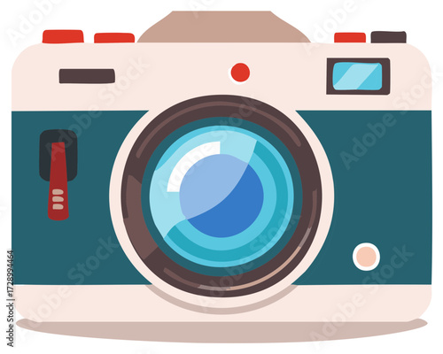 Cartoon illustration of a vintage camera with a turquoise and beige color scheme.