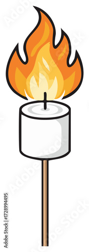 Cartoon illustration of a marshmallow on fire being roasted on a stick