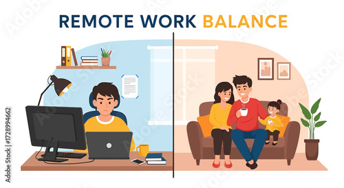Illustration concept of a man successfully balancing remote work from a home office with quality family life, showcasing a healthy work-life dynamic