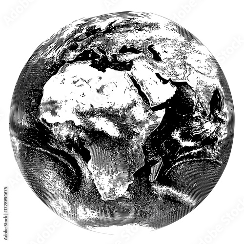 Etched image depicts Earth, featuring Africa, Europe, and the Middle East