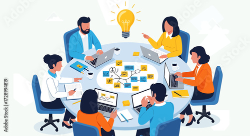 Brainstorming session with diverse team collaborating around a table with a bright idea bulb overhead
