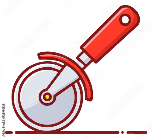 Stylized pizza cutter illustration; red handle, round blade cutting edge