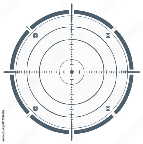 Monochrome vector illustration of a sniper rifle scope crosshair with measurement marks