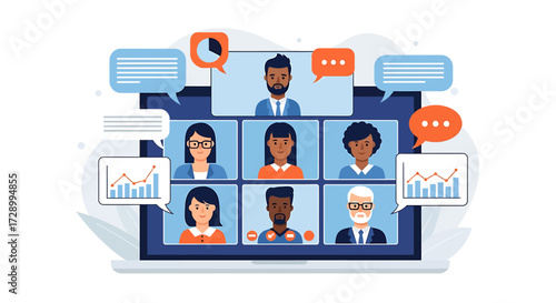 Illustration of a remote team meeting in a video conference, collaborating and communicating online with virtual participants