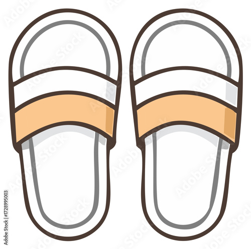 Pair of cartoon style open toe slippers with orange and white straps