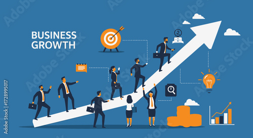 Illustration of business growth represented by a team climbing an upward arrow towards success and goals