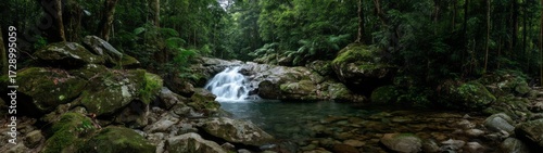 Lush rainforest waterfall hdri panoramic view nature scene in vibrant ecosystem