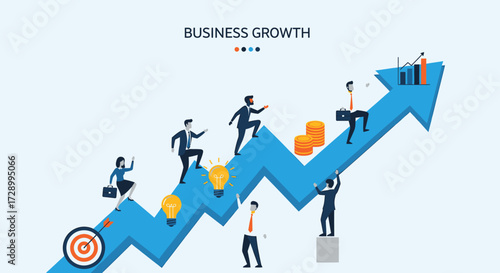 Dynamic business professionals collaborating on a strategic upward arrow, symbolizing successful growth, development, and achieving financial targets with innovative ideas and teamwork