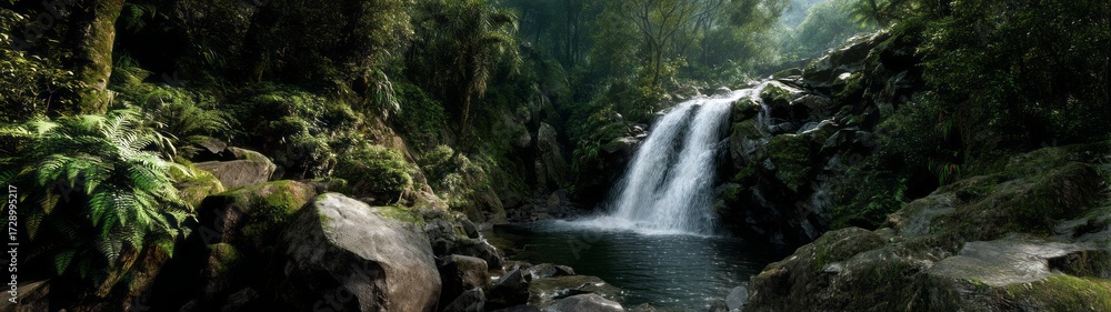 Fototapeta premium Lush rainforest waterfall hdri panoramic view tropical paradise nature landscape