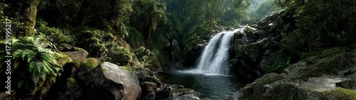 Lush rainforest waterfall hdri panoramic view tropical paradise nature landscape