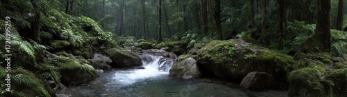 Lush rainforest waterfall nature scene hdri panoramic viewpoint tranquil environment