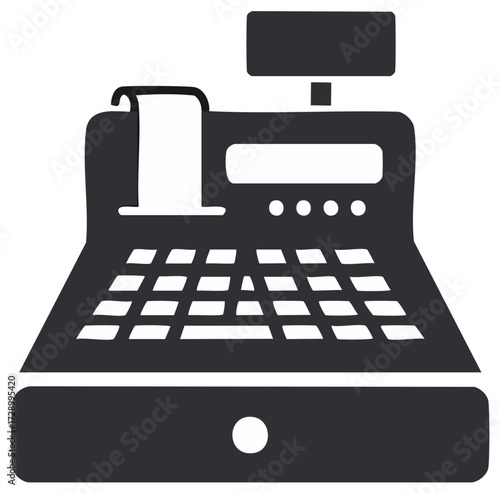 Retro Cash Register with Keyboard and Receipt Roll Stylized Illustration