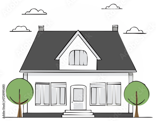 Simple hand-drawn illustration of a classic suburban house with trees and clouds