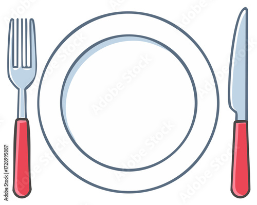 Illustration of Empty Dinner Plate with Knife and Fork in Place Setting with Red Handles